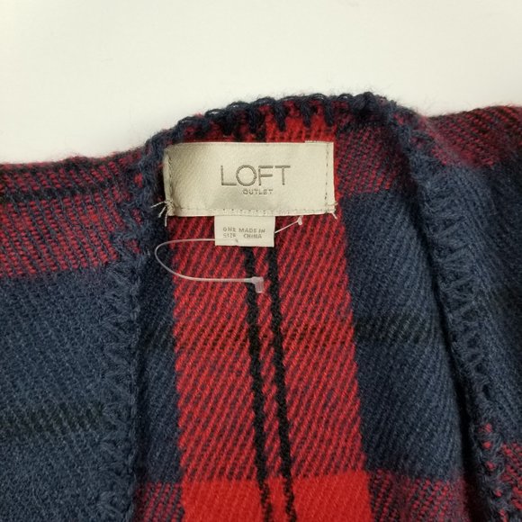 LOFT Blanket Flannel Shawl Wrap Poncho One Size Red & Blue Oversized Scarf NWOT - Picture 6 of 7